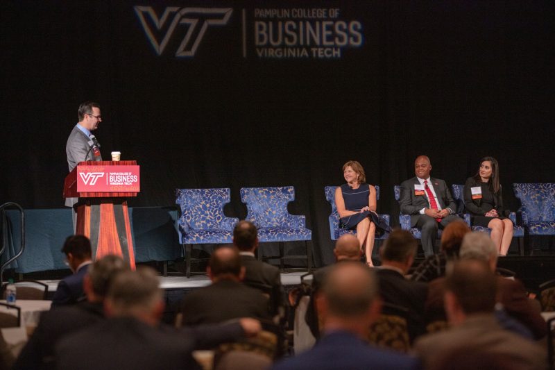 A highlight of the Pamplin Engagement Summit in October 2019 was a panel featuring (from left) alumni Shirley Edwards, Kenneth Cooke, and Negar Jamshidimehr, who talked about their service activities at Virginia Tech and the Pamplin College of Business and their motivations for involvement. The discussion was moderated by alumnus Kevin Lane, who chairs the Pamplin Advisory Council’s alumni engagement committee. 