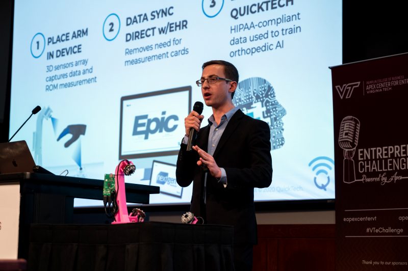 Glenn Feit pitches on behalf of QuickTech during the 2020 Virginia Tech Entrepreneur Challenge, sponsored by Apex.