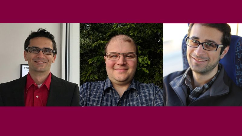 In this photo collage, left to right, are Ben Pritchard, Samuel Ellis, and Andrew Abi-Mansour, software scientists for the Molecular Sciences Software Institute 