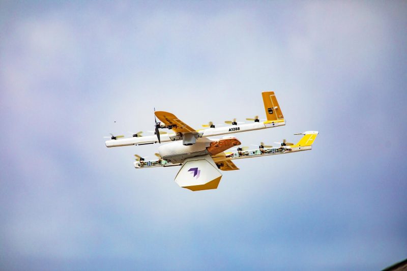 A drone delivers products to consumers' homes via Wing, a drone delivery service with sites in three continents, including Christiansburg, Virginia, its only United States location. Photo courtesy of Wing