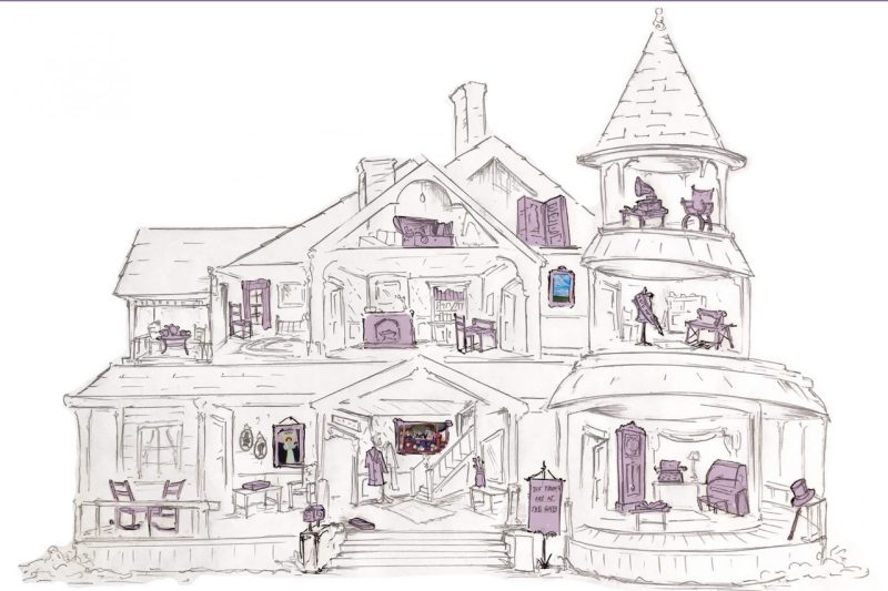 Drawing of a doll house-like version of a historic house.