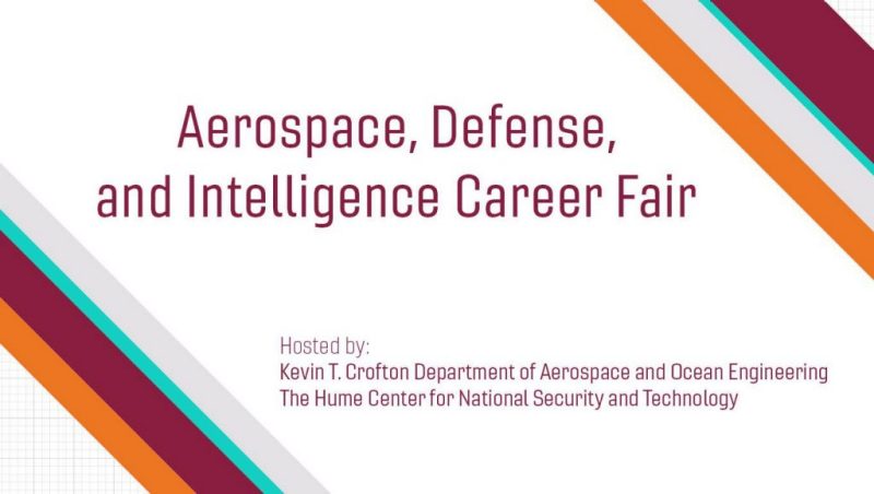 A graphic reads Aerospace, Defense, and Intelligence Career Fair. Orange, maroon, blue, and gray stripes accent the corners of the graphic.