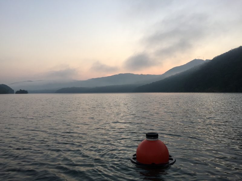 A water quality monitoring buoy on Carvins Cove Reservoir, Roanoke, VA. This is one of the five field sites that the Virginia Tech researchers will be investigating. Photo courtesy of Cayelan Carey.
