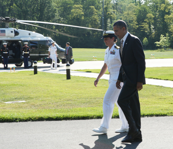 Wendy Halsey walking alongside President Barack Obama at Camp David.