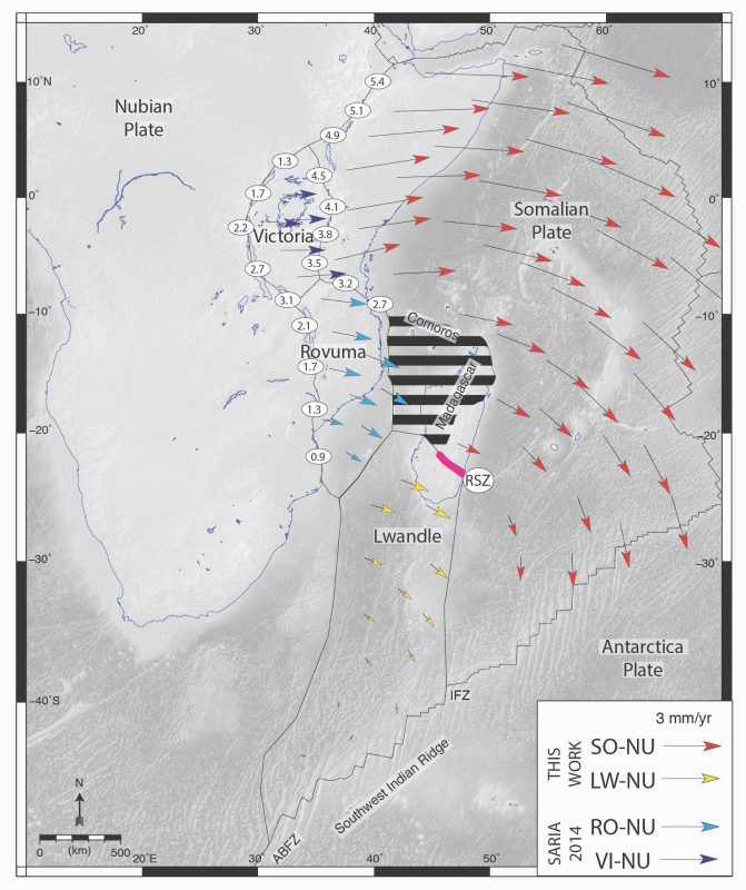 Final model for the East African Rift System. Hashed lines indicate newly discovered broad deforming zone. Arrows represent predicted tectonic plate motions. ABFZ—Andrew Bain Fracture Zone; IFZ—Indomed Fracture Zone; RSZ—Ranotsara shear zone. Figure created by D.S. Stamps. 