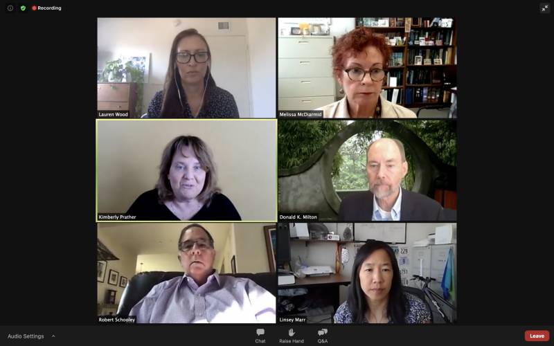 A virtual news conference on Oct. 5 featured researchers and physicians discussing a letter that they co-authored calling for stronger public health guidance regarding the airborne spread of the coronavirus. The participants, clockwise, are Melissa McDiarmid, professor and head of Occupational & Environmental Medicine at the University of Maryland; Donald Milton, professor at the University of Maryland School of Medicine; Linsey Marr, Charles P. Lunsford Professor of Civil and Environmental Engineering at Virginia Tech; Robert Schooley, a professor of medicine and chief of the Division of Infectious Diseases at the University of California San Diego School of Medicine; Kimberly Prather, director of the Center for Aerosol Impacts on Chemistry of the Environment at the University of California San Diego; and Lauren Wood, moderator.
