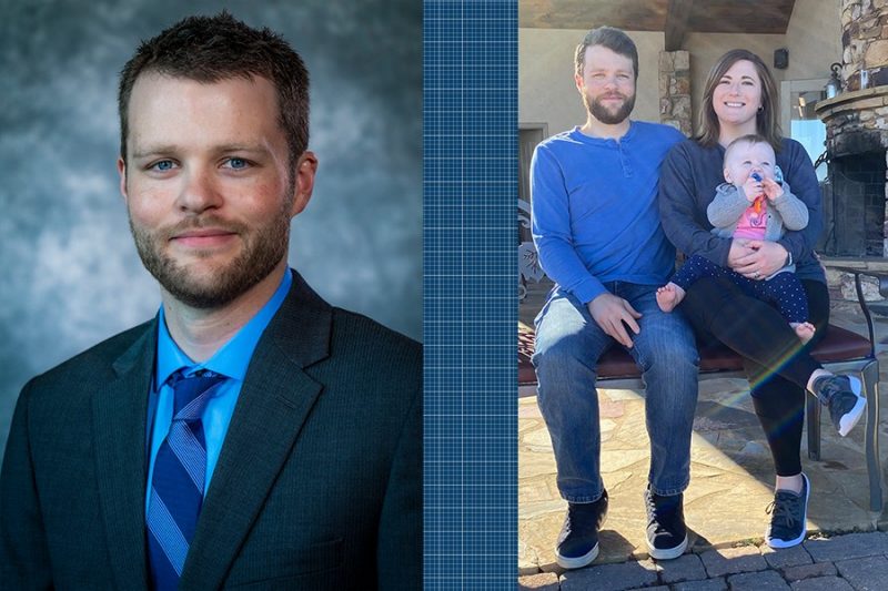 Left photo: portrait shot of Kyle Nolan. Right photo: Kyle and his wife holding their baby