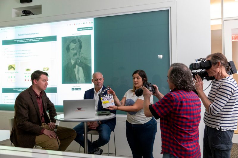 Computer science associate professor Kurt Luther demonstrates his Civil War Photo Sleuth software in an interview with the History Channel in October 2019 at the Virginia Tech Research Center in Arlington, Va. Erin Williams for Virginia Tech.