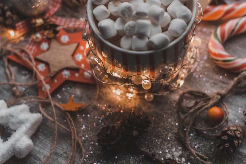 Hot cocoa and holiday decorations
