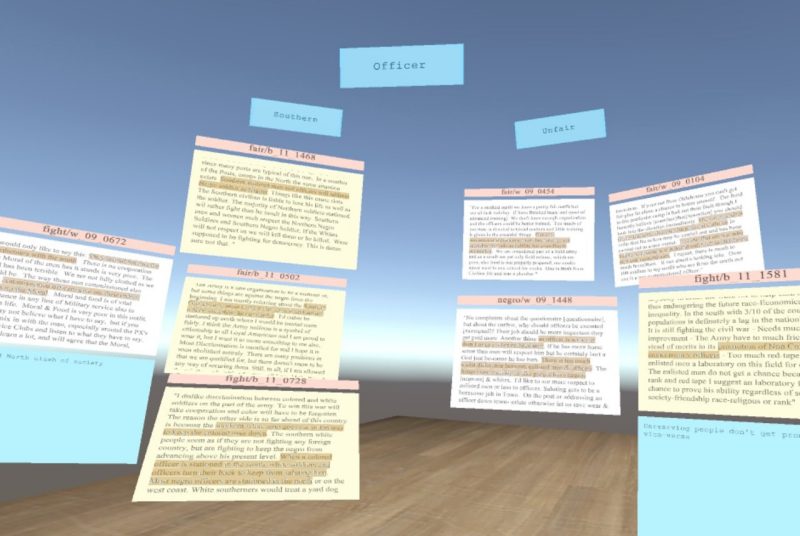 This graphic shows boxes of text that are being viewed and organized in virtual reality using the technology in the Immersive Space to Think project.