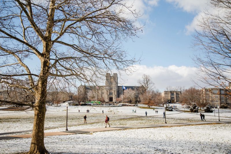 Virginia Tech's Blacksburg campus with a light snow.
