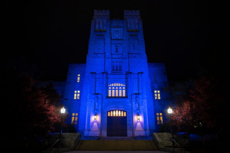 In April of 2020, Burruss Hall was lit up with blue lights to pay tribute to health care workers battling the pandemic.