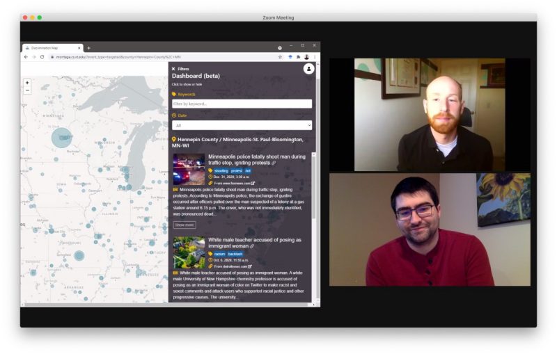 Screenshot of Research associates Brian Mayer (top) and Nathan Self (bottom) who meet   virtually to review targeted violence events on the dashboard developed by the Sanghani Center.