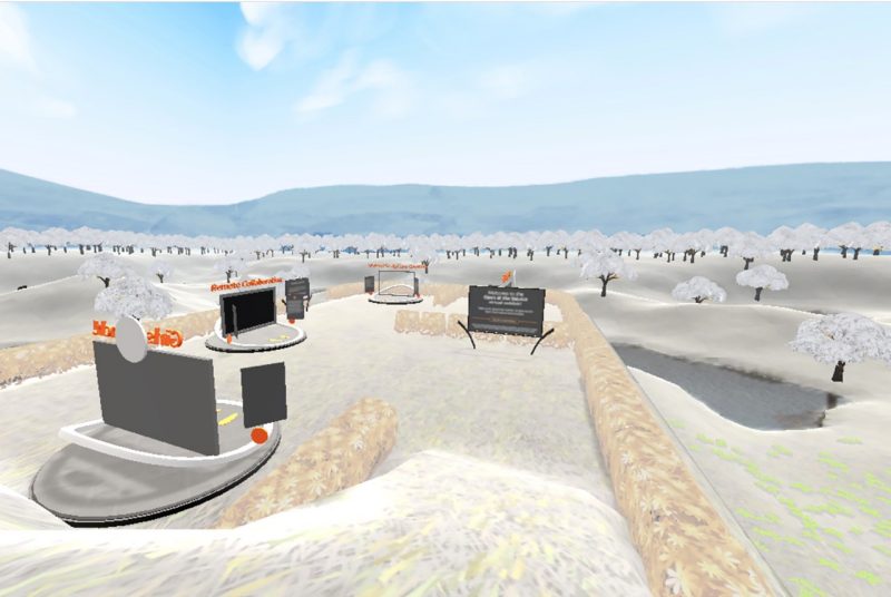 Virtual sculpture garden A screenshot of the application Virtual Sculpture Garden shows a series of research projects represented by screens, nestled in a landscape of grass and trees surrounded by blue sky.