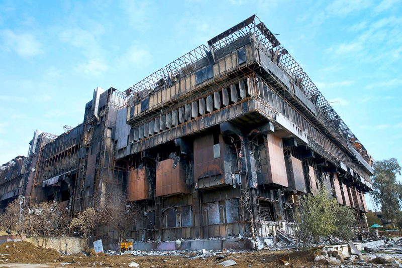 A burned-out library building