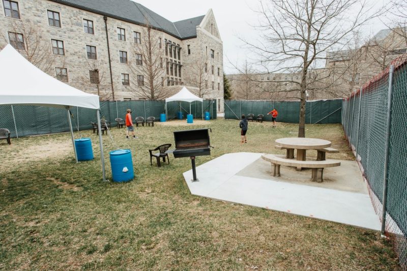 A courtyard between New Hall West and Smith Hall provides a safe outdoor space for students in isolation and quarantine. Photo by Christina Franusich