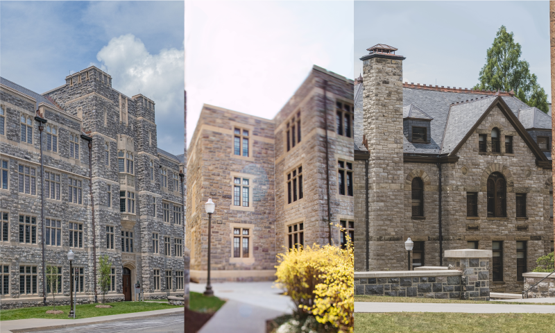 Three gray Hokie Stone buildings stitched together. From left to right: Davidson Hall, Sandy Hall, the College of Liberal Arts and Human Sciences Building