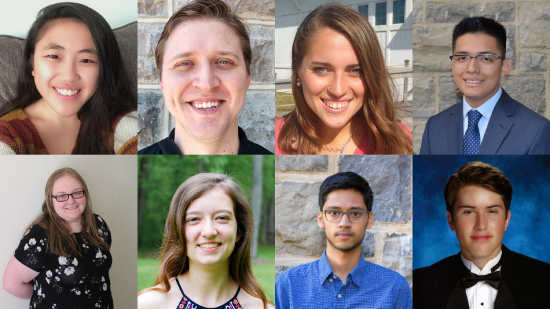 Left to right: Olivia Foster, Casey Latoski, Emma Lasky, Bryan Millones, Elizabeth Mulvaney, Madeline Renault, Aziz Shaik, and Steven Shumadine make up Cohort 1 of the Raytheon Fellowship Program