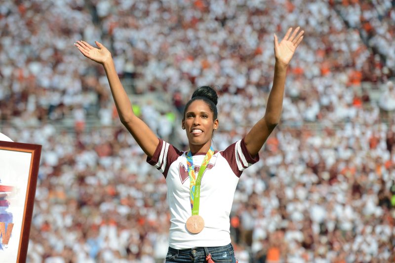 Kristi Castlin being recognized at a Virginia Tech football game