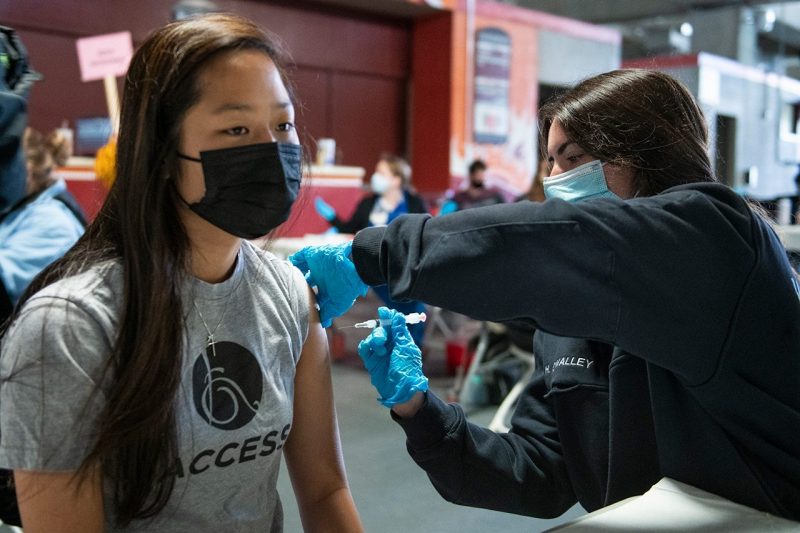 Students receive vaccine at Lane Stadium.