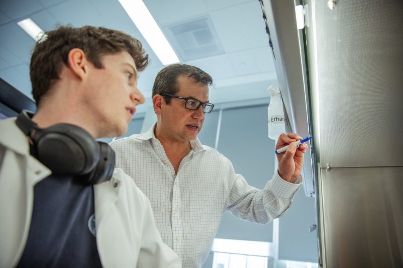 Rafael Davalos, biomedical engineering and mechanics, mentors students in his lab,  pictured here a male student with headphones resting around his neck. The two write on a board, processing research together.
