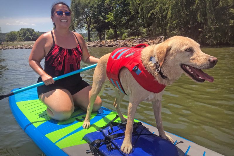 ISCE Scholar, Tiffany Drape kneels while paddleboarding with a dog on Claytor Lake, Virginia. 