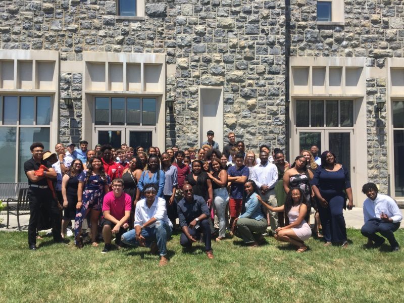 Students participating in Upward Bound pose for a photo outside the Inn at Virginia Tech following an etiquette dinner in the summer of 2019.