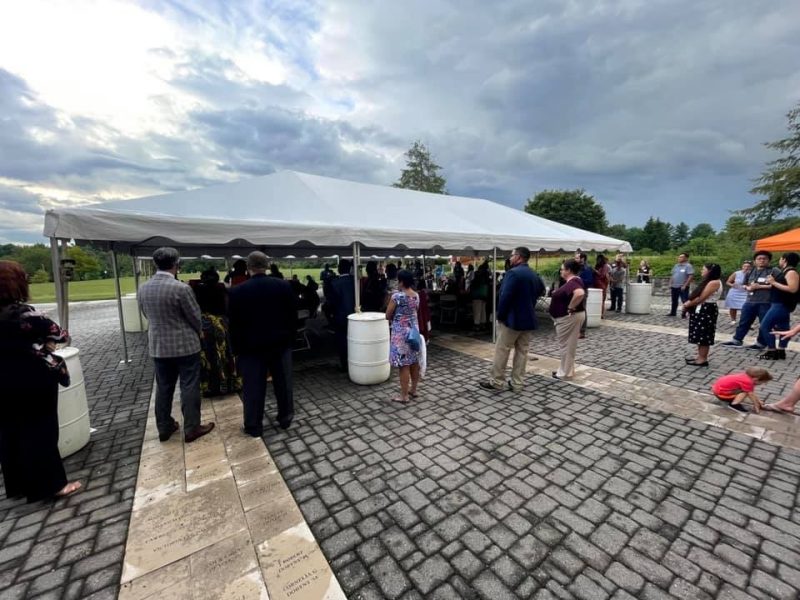 People gather at an event