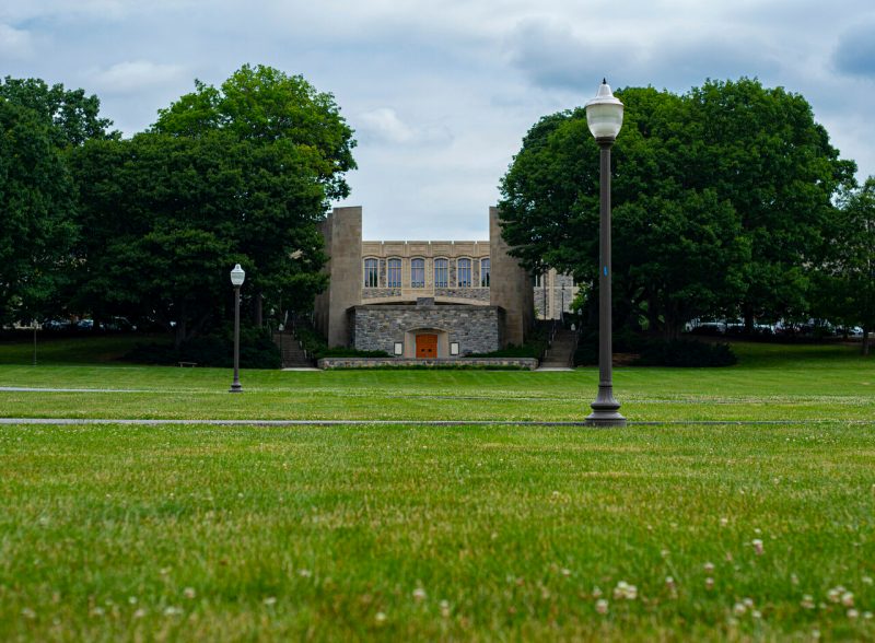 The Virginia Tech Drillfield on a mid summer day looking towards War Memorial Plaza.
