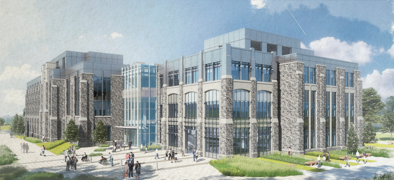 Rendering of the exterior of Hitt Hall featuring large glass windows, Hokie Stone, and an open plaza