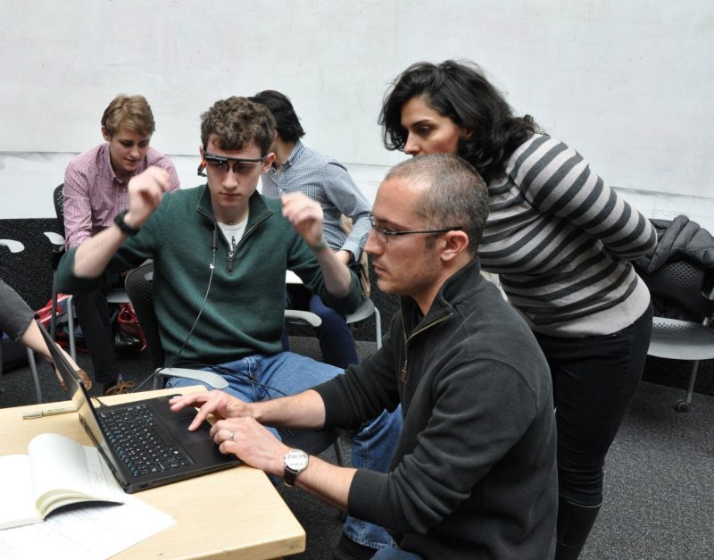 Elham Morshedzadeh, assistant professor in the School of Architecture and Design in the College of Architecture and Urban Studies, and Chris Arena, associate professor of biomedical engineering and mechanics in the College of Engineering, with students during the spring 2020 course.