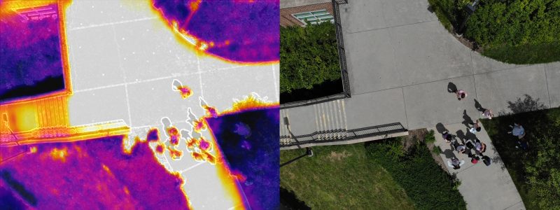 Two images side by side. One shows a heat map, the other shows a sidewalk and students.
