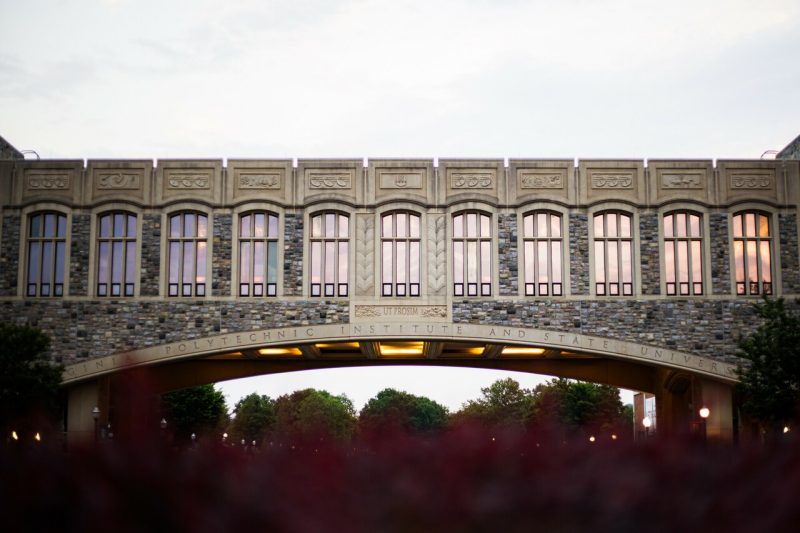 Torgersen Bridge on Virginia Tech's Blacksburg campus catches the last rays of light on a day in May 2021.