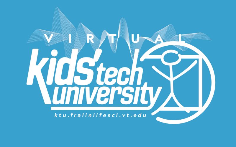 A light blue background with a white stick person and white text "Virtual Kids' Tech Univeristy"