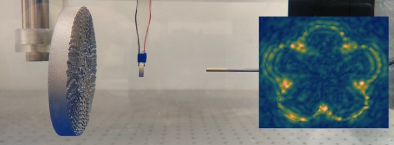 Acoustic hologram assembly. It includes an oscillating disk to generate a sound field under water, a 3D-printed metallic mirror, and a hydrophone for measuring the acoustic pressure pattern formed with sound waves that are reflected from the mirror plate. 