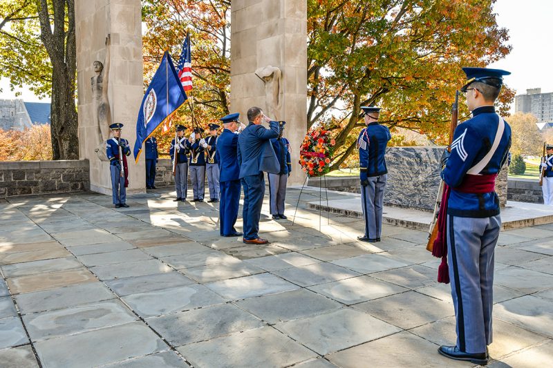 A wreath is placed in front of the cenotaph during the 2019 Veterans Day Remembrance Ceremony. 