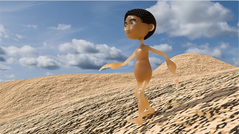 animated human figure walking through desert hills.