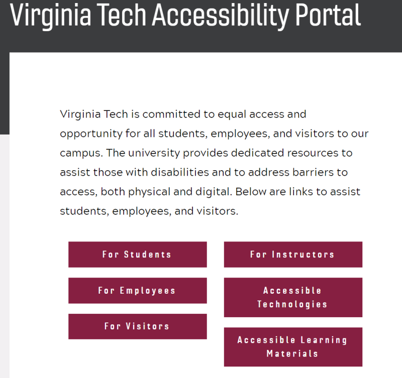 Screenshot of Virginia Tech accessibility portal 