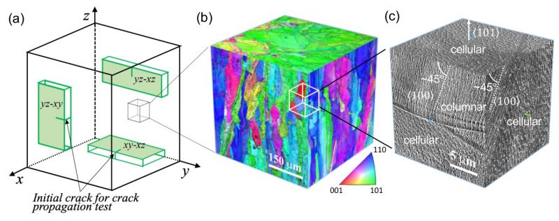 Microstructural features of laser powder bed fused 316L stainless steel samples: (a) Sample design for the crack propagation test and its relation with the build, (b) crystallographic planes and (c) orientation of the subgrain dislocation network on three coordinate planes. Courtesy of Yao Fu. 
