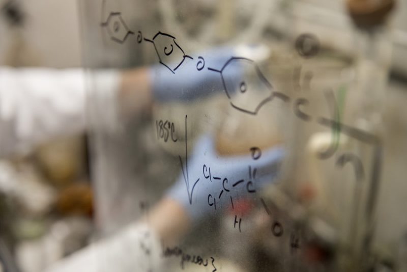 fume hood Photo of chemical structures drawn on the glass panels of a fume hood.