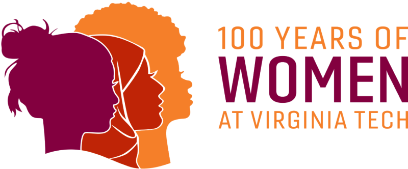 Illustration of three women in Hokie colors, celebrating 100 Years of Women at Virginia Tech