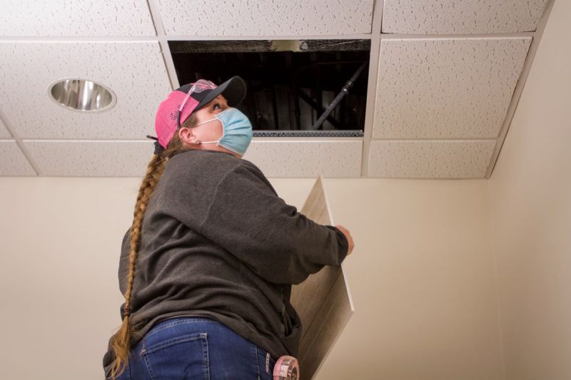Pam Tickle on ladder conducting ceiling repairs