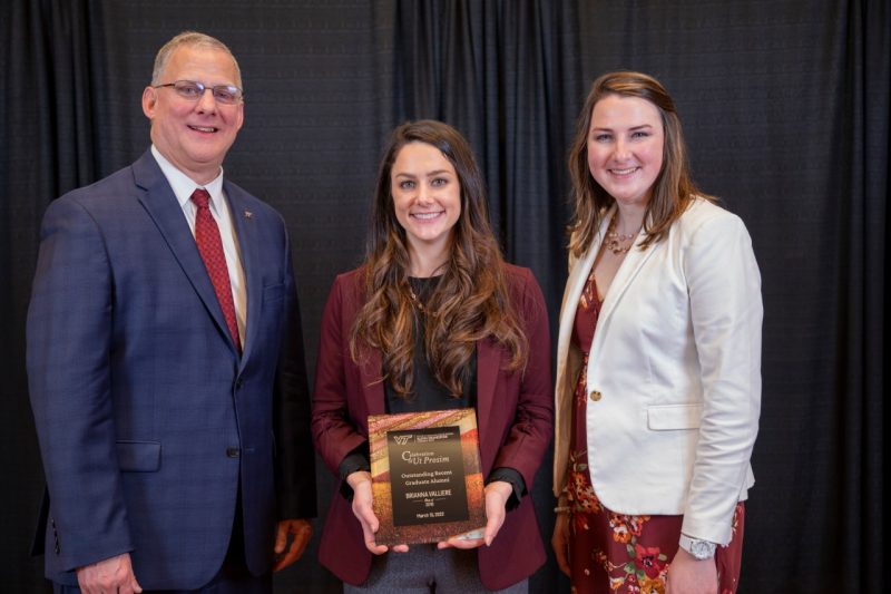 Brianna Valliere, center, received the Outstanding Recent Graduate Alumni award. Photo by Tim Skiles for Virginia Tech.