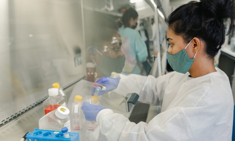 Masked student works in the biomedical cell engineering lab during the pandemic, fall of 2020