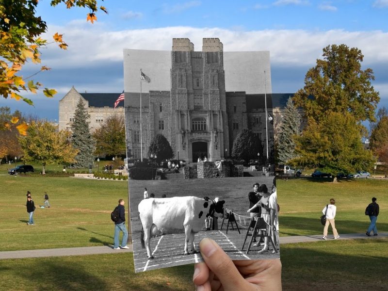 Burruss Hall current and historic photo