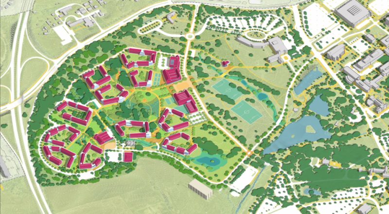 Overhead illustrative site concept for the planned Student Life Village.