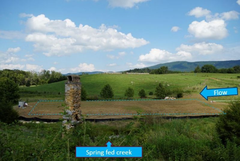Pictured is a side view of the Shenandoah Valley spring bioreactor. The water inlet pipe is on the right and bioreactor is outlined by dotted line. Beneath the surface is three feet of wood chips. The bioreactor was constructed by Ridge to Reefs with a grant from the National Fish and Wildlife Foundation. Photo by Kurt Stephenson