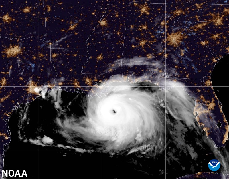 A visible satellite image of Hurricane Ida approaching land in the Gulf of Mexico taken by NOAA's GOES-16 (GOES East) satellite on August 29, 2021. Photo courtesy of NOAA.