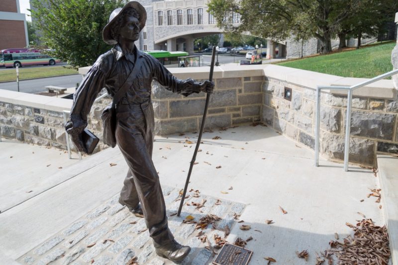 2017-09-26-0014-addison-statue A statue of Addison Caldwell stands up a flight of stairs that lead from Alumni Mall to the Upper Quad.