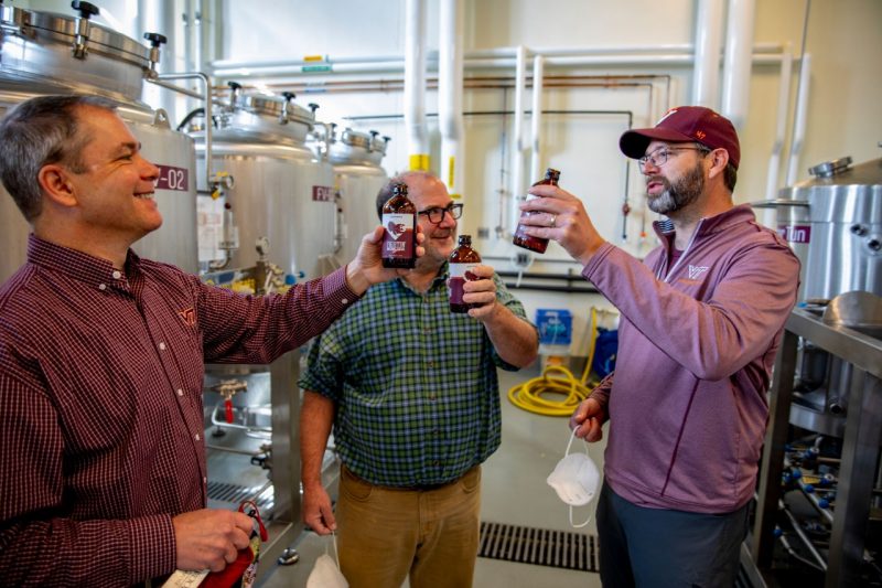 Virginia Tech faculty members (from left) Herbert Bruce, Sean O’Keefe, and Brian Wiersema collaborated with Hardwood Park Craft Brewery to develop recipes, produce, and market two beers.